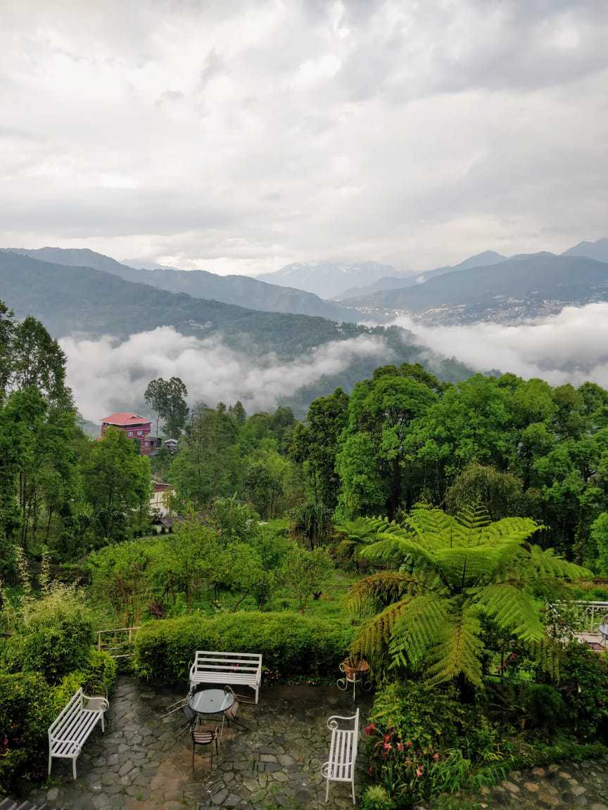 The best place in Sikkim - terrace with a view at Bamboo Retreat Hotel Sikkim, India